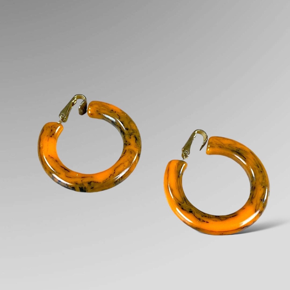 Vintage Clip Hoop Earrings Muted Orange Black Hard Plastic or Acrylic Unmarked